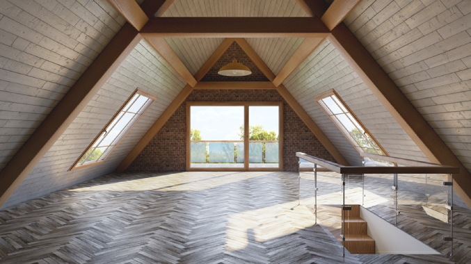 Spacious, modern attic with a vaulted A-frame ceiling and exposed wooden beams. The room features large triangular windows on both sides and a glass sliding door at the far end, letting in abundant natural light and offering a view of trees outside. The floor has a herringbone wood pattern, and a sleek staircase with glass railing leads down, creating an open, airy atmosphere in the minimalist space.