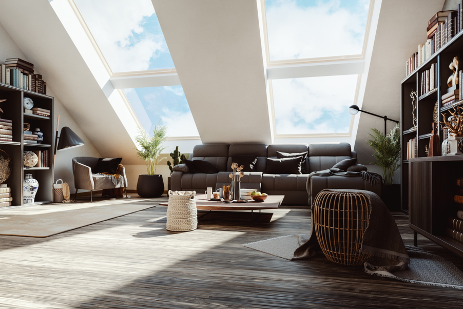 Bright, modern loft living room with large skylights set into a sloped ceiling, flooding the space with natural light. The room features a dark sectional sofa, bookshelves filled with books and decorative objects, indoor plants, a low coffee table, and a textured rug, creating a stylish and comfortable attic living space.