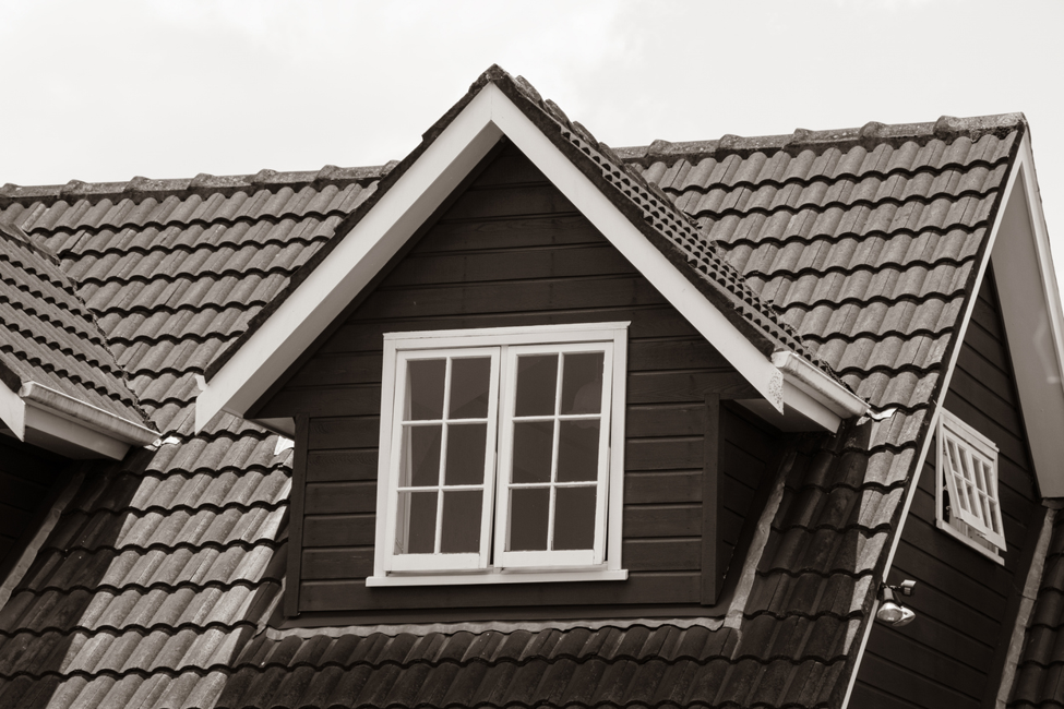 Close-up view of a completed roof dormer extension with dark timber cladding, white-framed double windows, and tiled pitched roofing. The dormer is integrated into the roofline of a residential property, showcasing a finished loft conversion