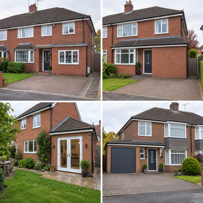 Four examples of completed garage conversion and home extension projects on semi-detached and detached brick houses, showing transformed front elevations, added living space, rear extension doors, and an integrated garage conversion.